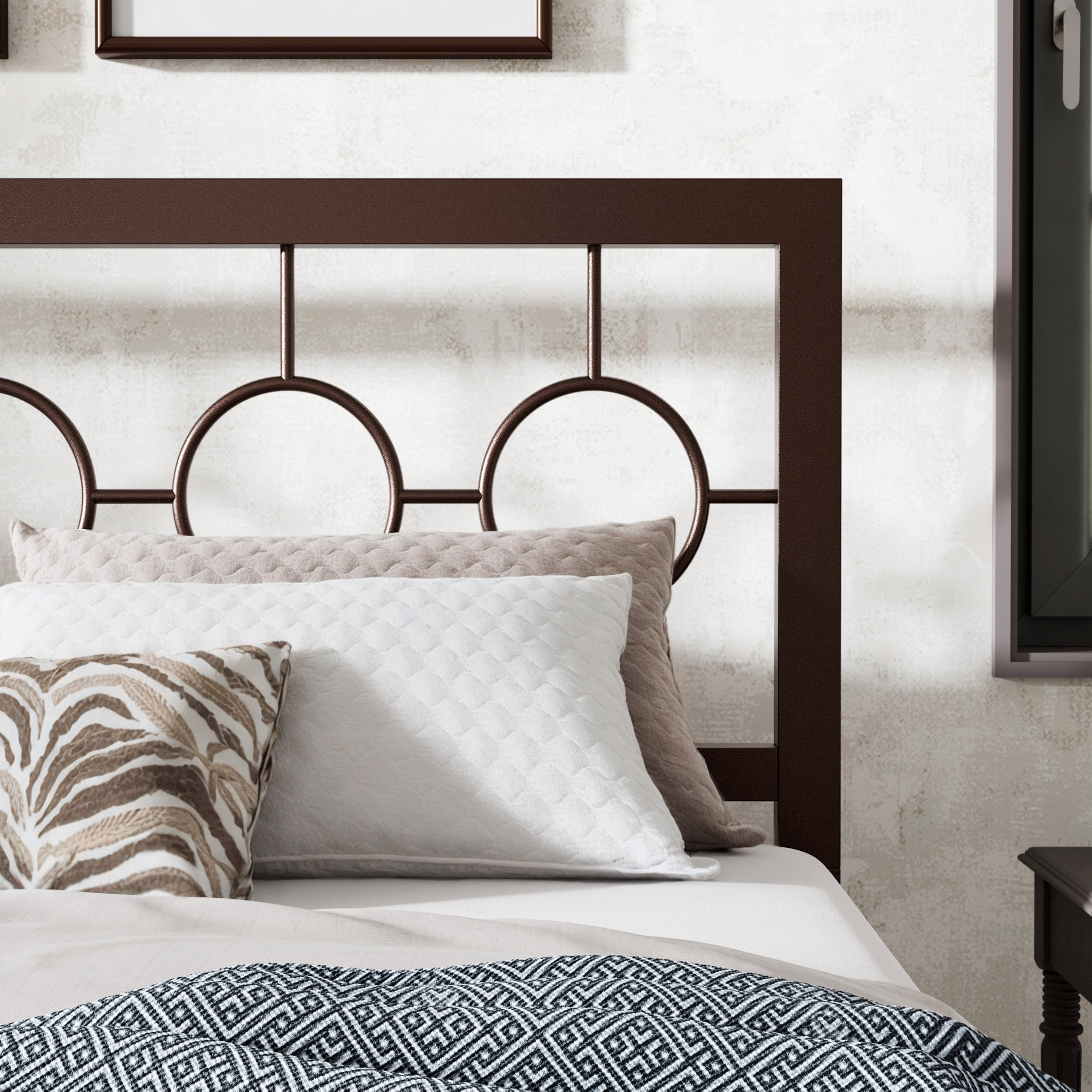 Sha Cerlin Brown King Size Metal Platform Bed Frame with Vintage Headboard & Footboard, Adult