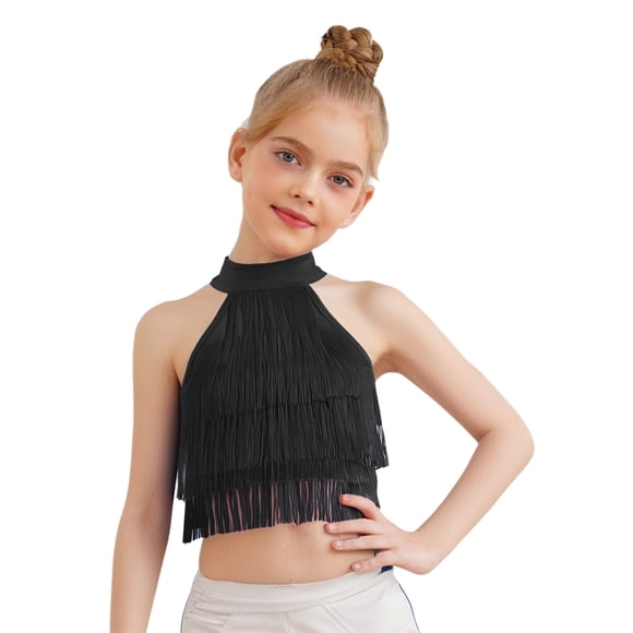 inlzdz Kids Girls Latin Dance Tassel Shirt Sleeveless Layered Fringe Crop Top Tango Samba Ballroom Dancewear Black 8