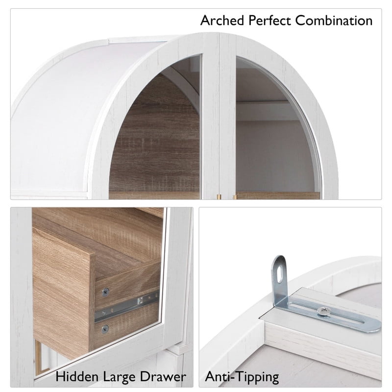 Arched Kitchen Pantry Cabinet with Door Shelves, 71" Tall Kitchen Storage Cabinet with Open & Adjustable Shelves, Freestanding Kitchen Cupboard with Hidden Drawer & Glass Door