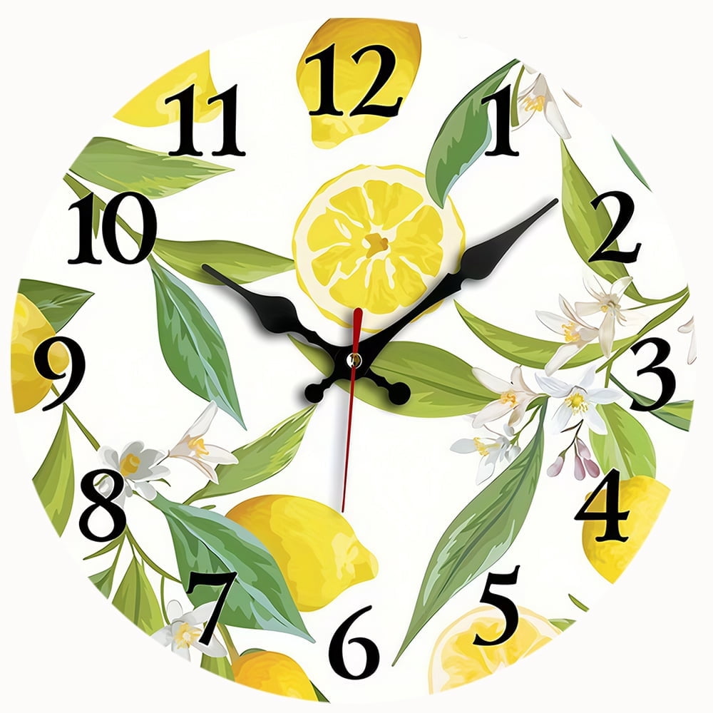 2D Flat Wooden Wall Clock,Lemon Creative Hanging Clock, Silent Clock without Ticking Sound,Suitable for Bedroom Living Room Office Kitchen Bathroom Decoration - AA Battery Not Included