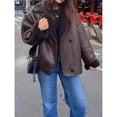 thumbnail image 5 of Women Thick -Lined Faux Suede Jacket Oversized Leather Coat Moto Jacket Biker Winter Overcoat Brown L, 5 of 10