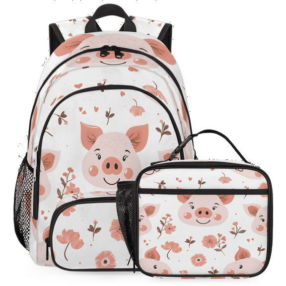 Herdesigns Floral Pig Backpack with Lunch Box Cute Pig Lightweight Large Travel Work Laptop Backpacks Set Casual Daypacks