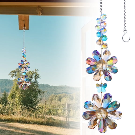 FENGGHAO Double Sunflower Crystal Sun Catcher, Colorful Rainbow Maker Window Hanging Ornament with Prism Effects for Indoor Outdoor Garden Home Decor