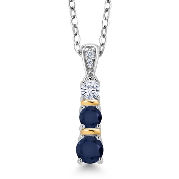 Gem Stone King 925 Silver and 10K Yellow Gold Round Blue Sapphire and White Moissanite Pendant Necklace for Women (0.67 Cttw, Gemstone September Birthstone, with 18 inch Chain)