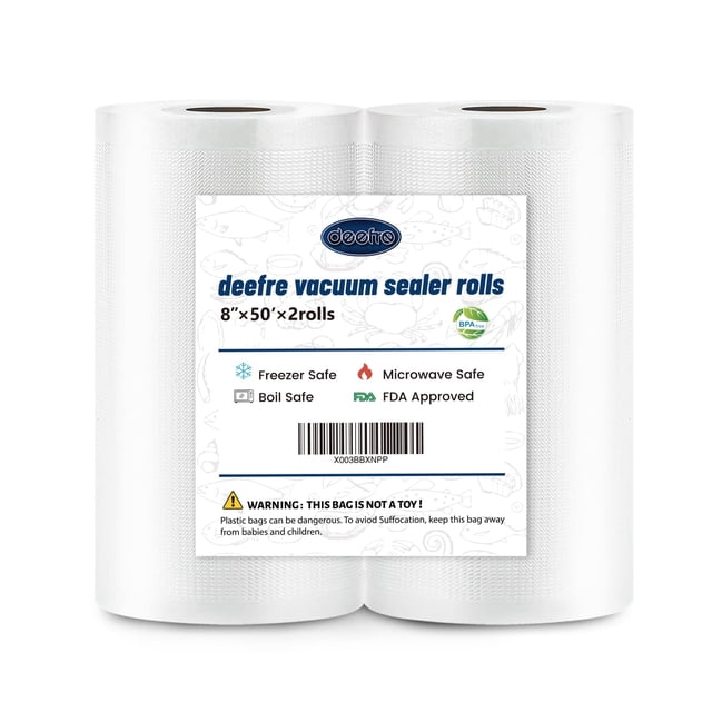Deefre Vacuum Sealer Bags 2 Rolls 8"x50' Commercial Grade Food Saver Bags for Seal a Meal, BPA Free, Heavy Duty, Great for vac Storage, Meal Prep or Sous Vide