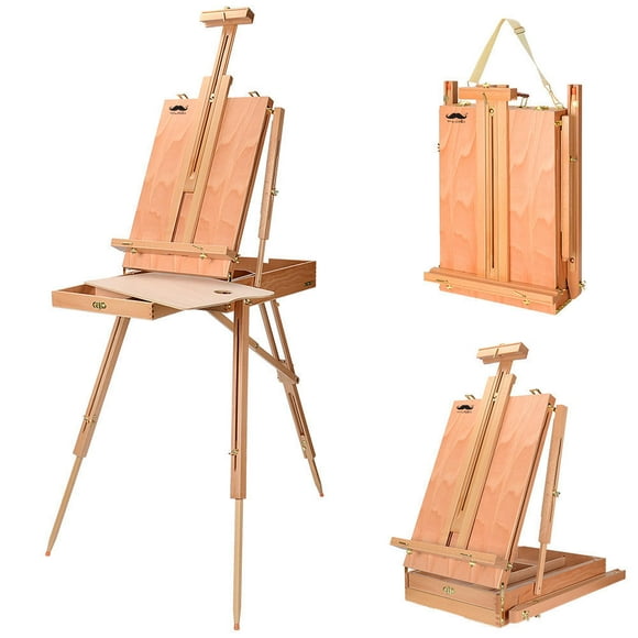 Portable Wooden French Art Easel Stand, 12 Inch Drawer, Includes Pallete, Sketch Box, Shoulder Strap Easy to Assemble Floor Wooden Easel Stand for Field Painting and Drawing