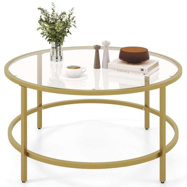 Costway Table Basse Ronde 36 Pouces Plateau en Verre Trempé Cadre en Métal Salon Doré