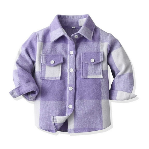 ZHOGXU Big Kids Boys Shirt With Pocket Long Sleeve Turndown Collar Button Plaid Print Soft Comfortable Top Tee For Casual Daily Wear Purple 18-24 Months