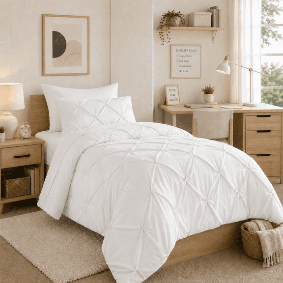 YEPCLUB White Twin Size Pintuck 5-Piece Comforter Set, Pinch Pleat Bed in a Bag, All Season Down Alternative Bedding Set with Comforter, Sheets, Pillowcase & Sham