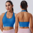 thumbnail image 5 of VISALY Push Up Sports Bras Halter Open Back Sports Bra Built-In Pads Seamless Stretch Crop Tank Top Breathable Slim Fit Workout Yoga Athletic Vest No Show Halter Workout Top Built In Bra Blue Xl, 5 of 9