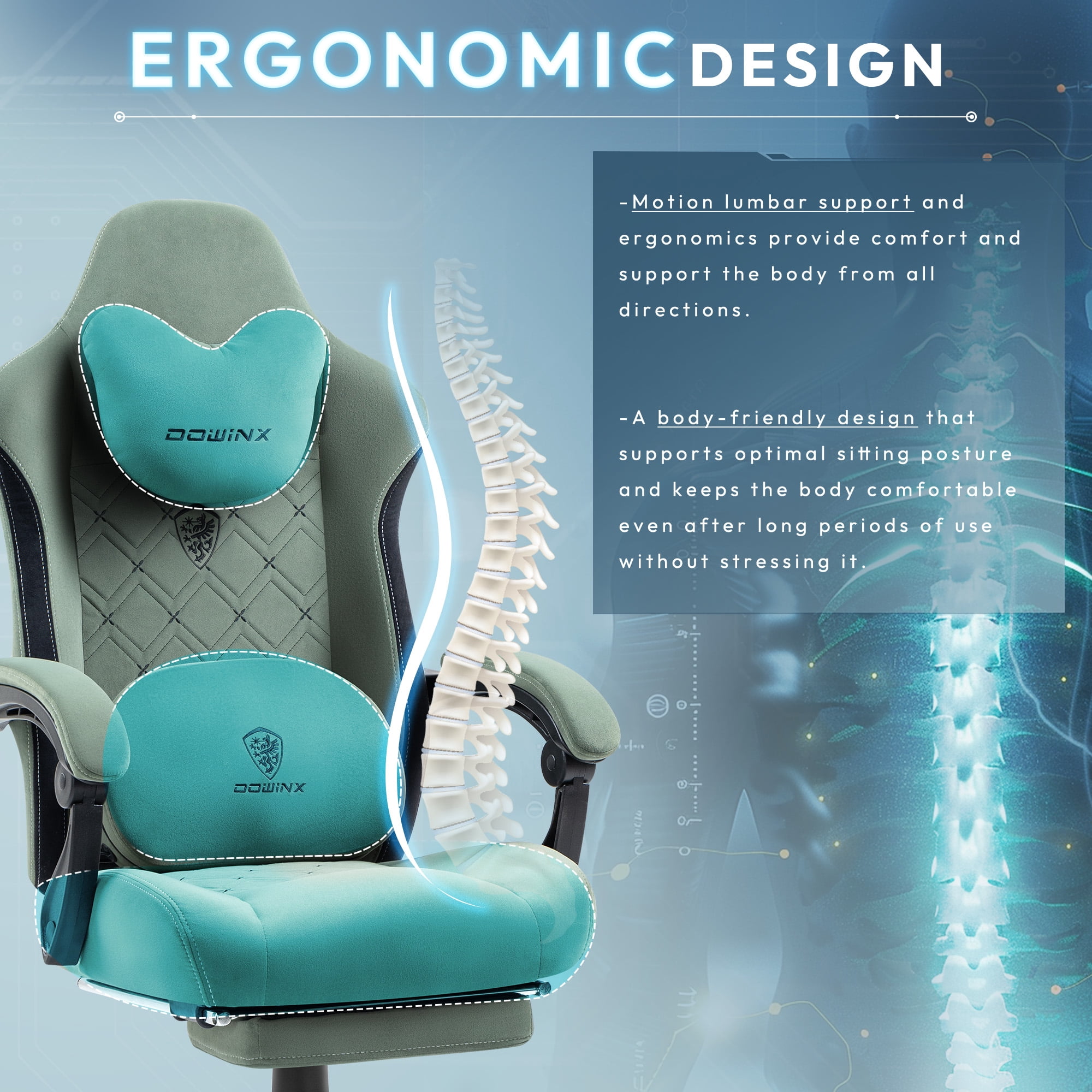 GOOSEA Fabric Gaming Chair with Heated Massage Lumbar Support, Big and Tall Game Chair for Adults, High Back PC Chair with Pocket Spring Cushion and Footrest, Green