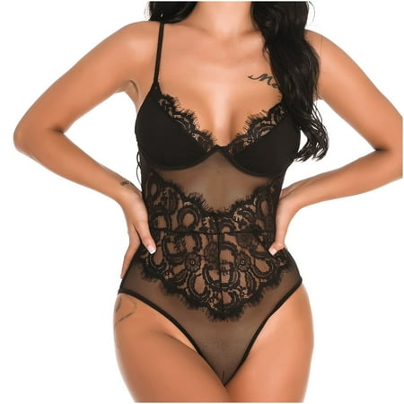 

EQWLJWE Sexy Lingerie for Women Ladies Cute Girl Solid Erotic Lingerie Lace Mesh V-neck Halterneck Suit