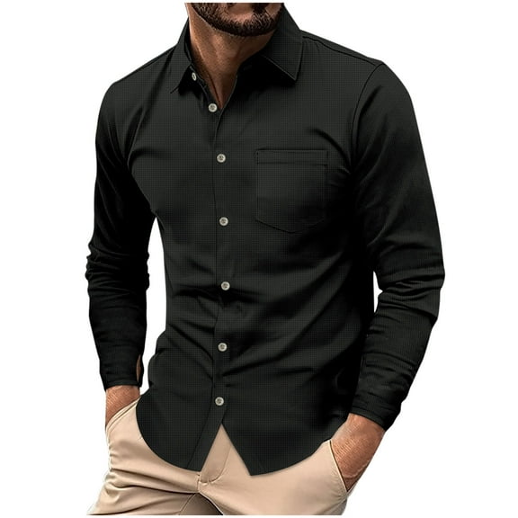 Wyobmus Men's Casual Lapel Sports Pullover Shirts Solid Long Sleeve Button Down Work Shirt Tops Loose Outdoor Active Shirt Black