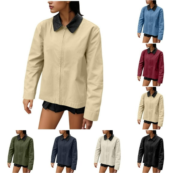 jobturf Jackets for Women Fall Spring Fashion Full Zip Up Coats Long Sleeve Going Out Tops Lightweight Casual Outerwear with Pockets