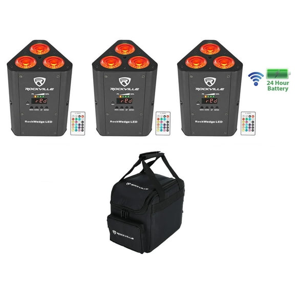 3) Rockville RockWedge LED RGBWA UV Rechargeable Battery Wireless DMX Lights Bag