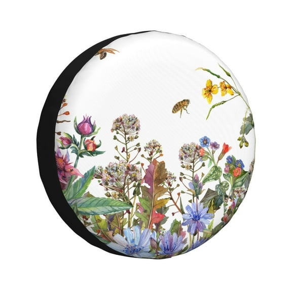 Logiee Herbs and Wildflowers Print Spare Tire Cover, Universal Wheel Protectors,Waterproof Dust-Proof UV Sun Wheel Tire Cover,Fit for SUV, RV, Travel Trailer, Truck-14 inch