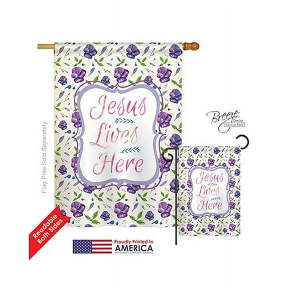 Breeze Decor 03002 Jesus Lives Here 2-Sided Vertical Impression House Flag - 28 x 40 in.