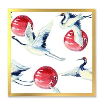 Designart 'Red Full Moon With Asian Crane Bird' Traditional Framed Art Print