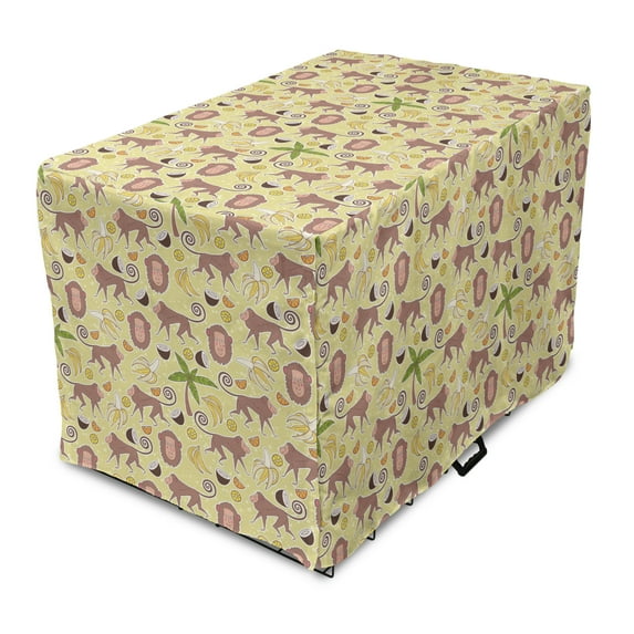 Tropical Dog Crate Cover, Exotic Composition of Monkeys Trees and Fruits, Easy to Use Pet Kennel Cover Small Dogs Puppies Kittens, 7 Sizes, Yellow Mauve, by Ambesonne