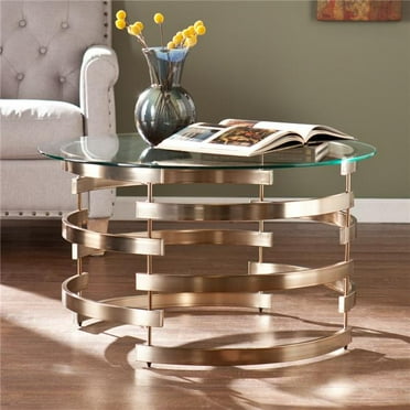 32 in. Glass & Metal Round Coffee Table, Champagne