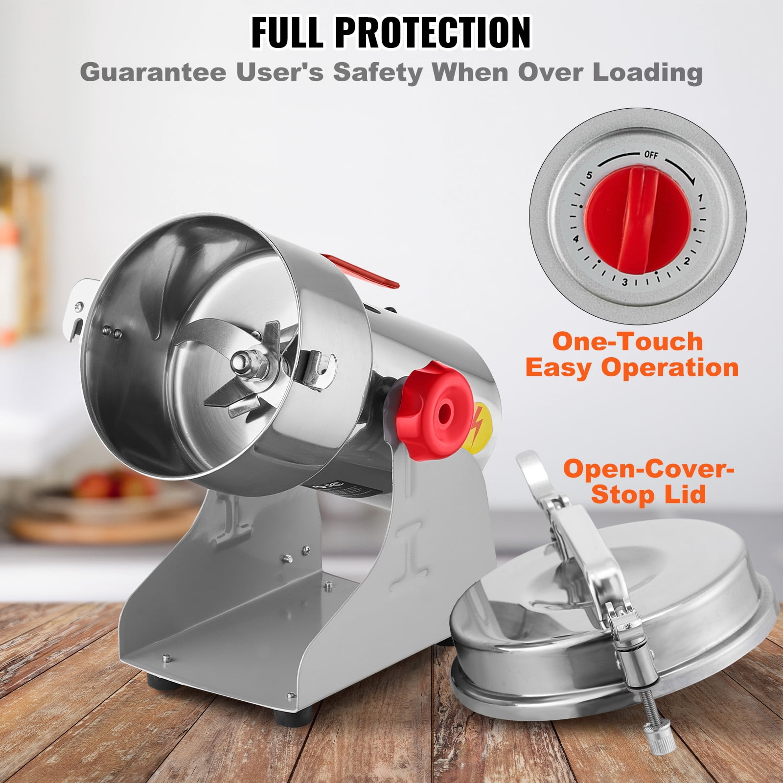 KFFKFF 500g Electric Grinder, 2000W Speedy Grain Mill, Stainless Steel for Dry Ingredients, Spices, Coffee, Corn, Swing Design