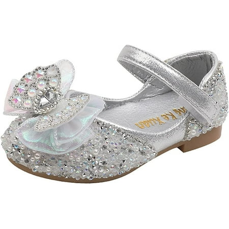 

QWZNDZGR Baby Girls Mary Jane Flats Sparkly Bow Diamonds Soft Round Toe Princess Dress Mary Jane Flat Shoes Pre-Walker Shoes