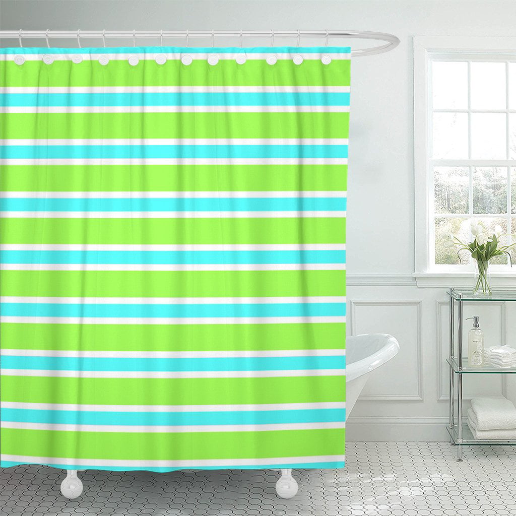PKNMT Thin and Wide Stripes Blue White Bright Green Shower Curtain 60x72 inches