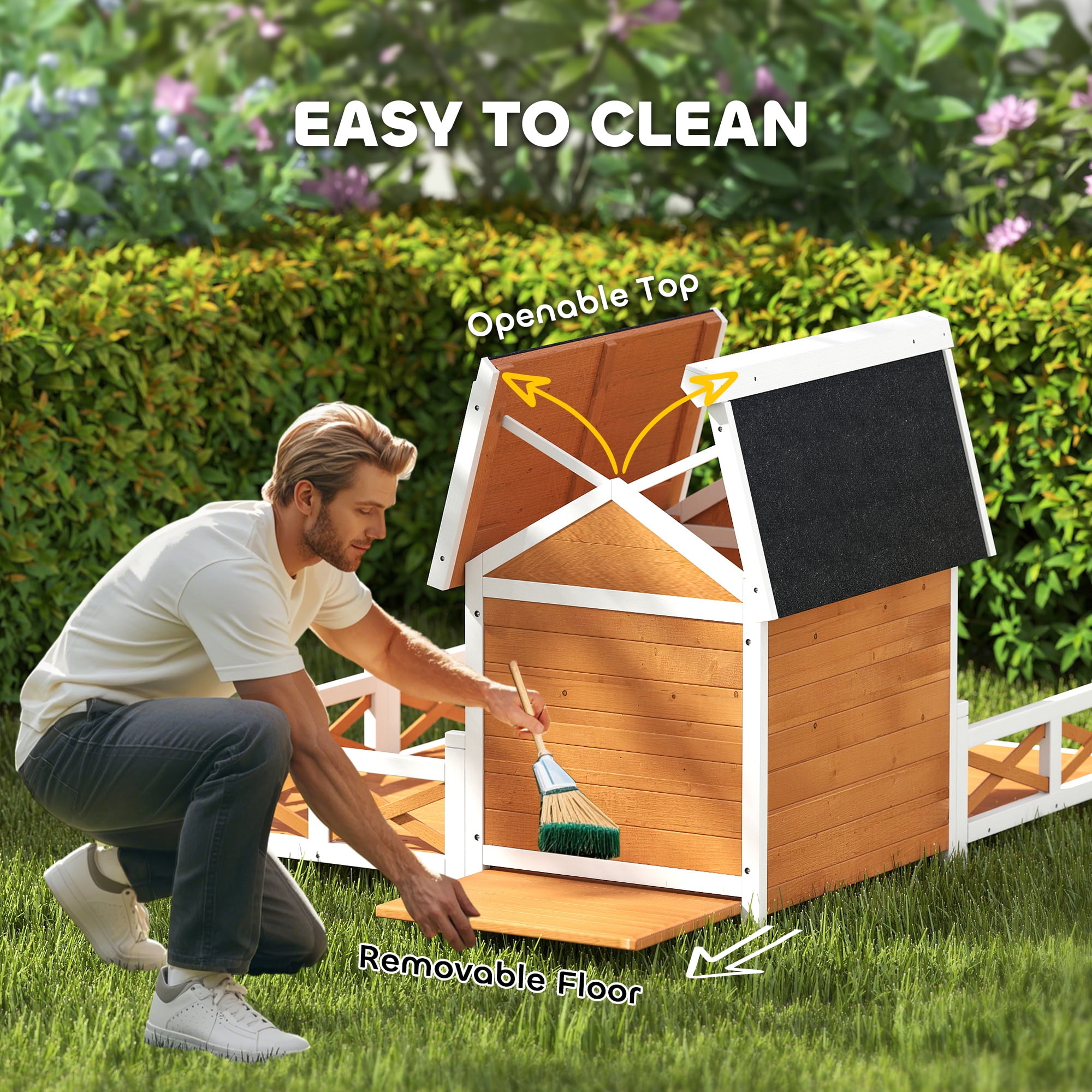 PawHut Outdoor Dog House, Wooden Dog Shlter with Large Porch, Weatherproof & Openable Roof, Elevated Base, Removable Floor
