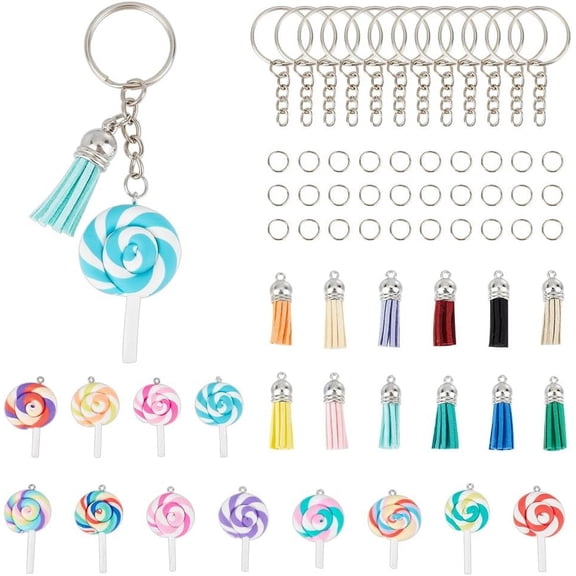 66pcs Mini Candy Keychain Accessories Lovely Lollipop Pendants Including 12pcs Lollipop Pendants 12pcs Suede Tassel Pendant Decor 30pcs Rings 12pcs Key Rings for DIY Crafts Keychain Making diy