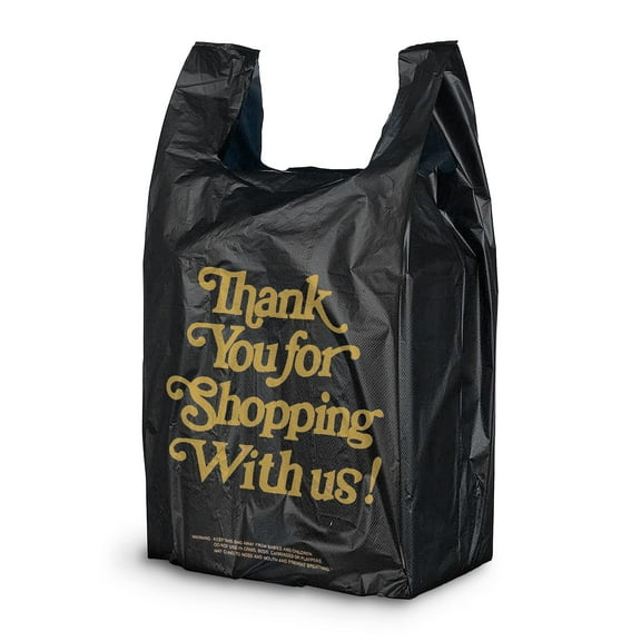 Pack of 700 Thank You Plastic Bags 12 x 6 x 22. Black Carry-Out T-Shirt Bags 12x6x22, Thickness 18 Micron. Preprinted Shopping Bags. Durable Poly Bags for Retail Shopping, Restaurant, Clothes.