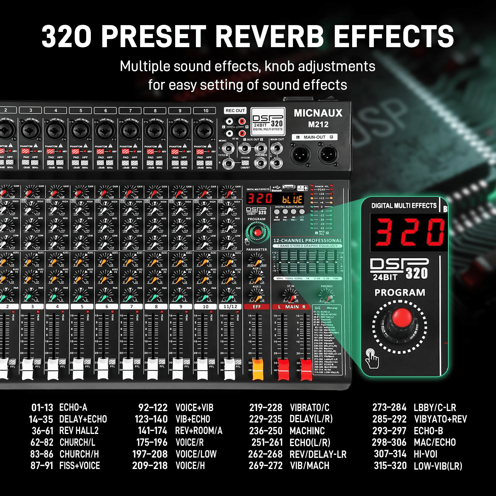 Audio Mixer 12 Channel Professional Sound Console Music Mixer with 320 DSP Effects, 7-band EQ DJ Mixing Board w/USB, Bluetooth, 48V Power Supply, PAD Button for Recording Karaoke PA Drum Live