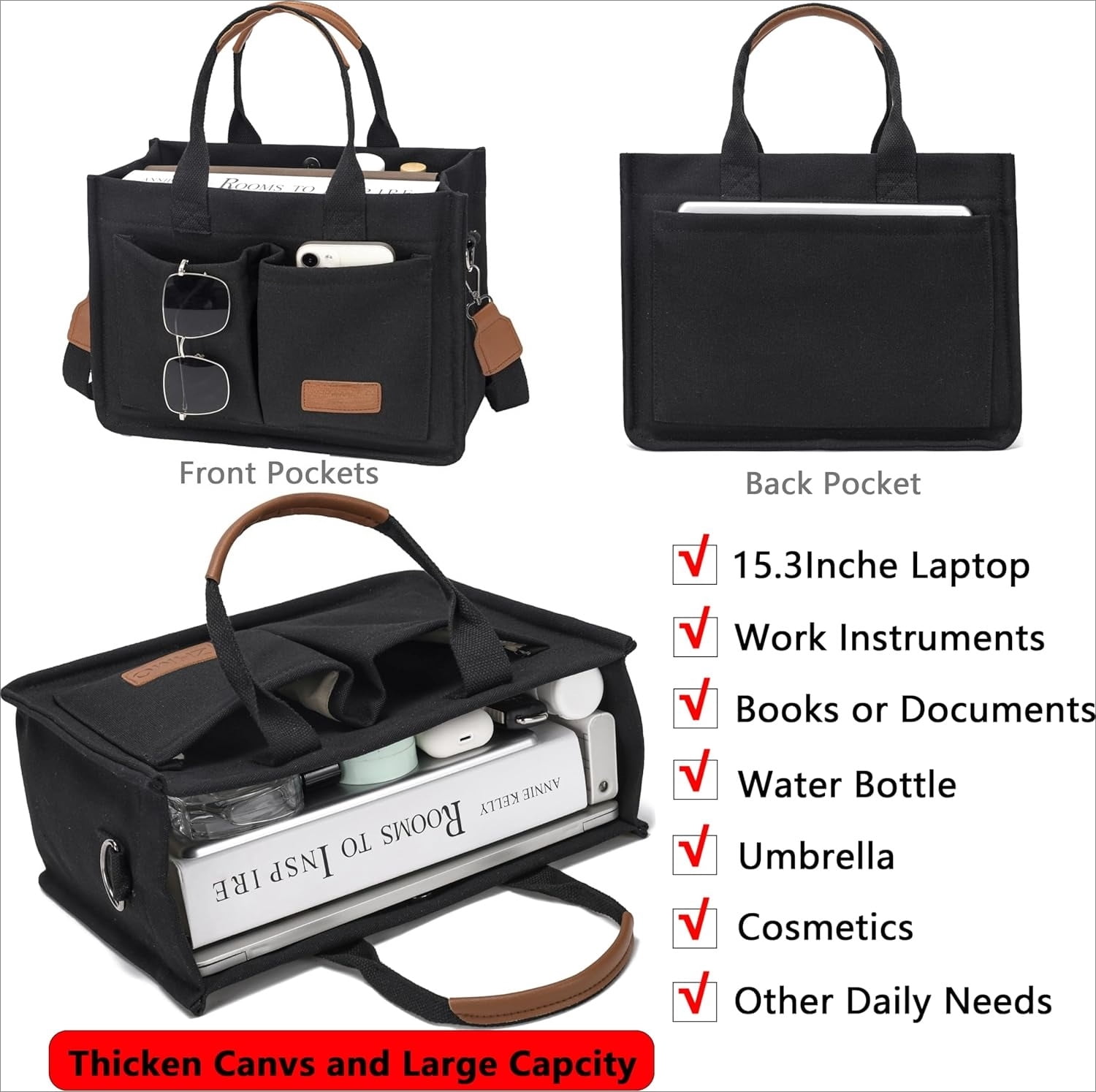 Tote Bag for Women With Compartments,Large Canvas Totes Women's Purse Crossbody Bags Work Laptop Book Bag Shoulder Handbags Black