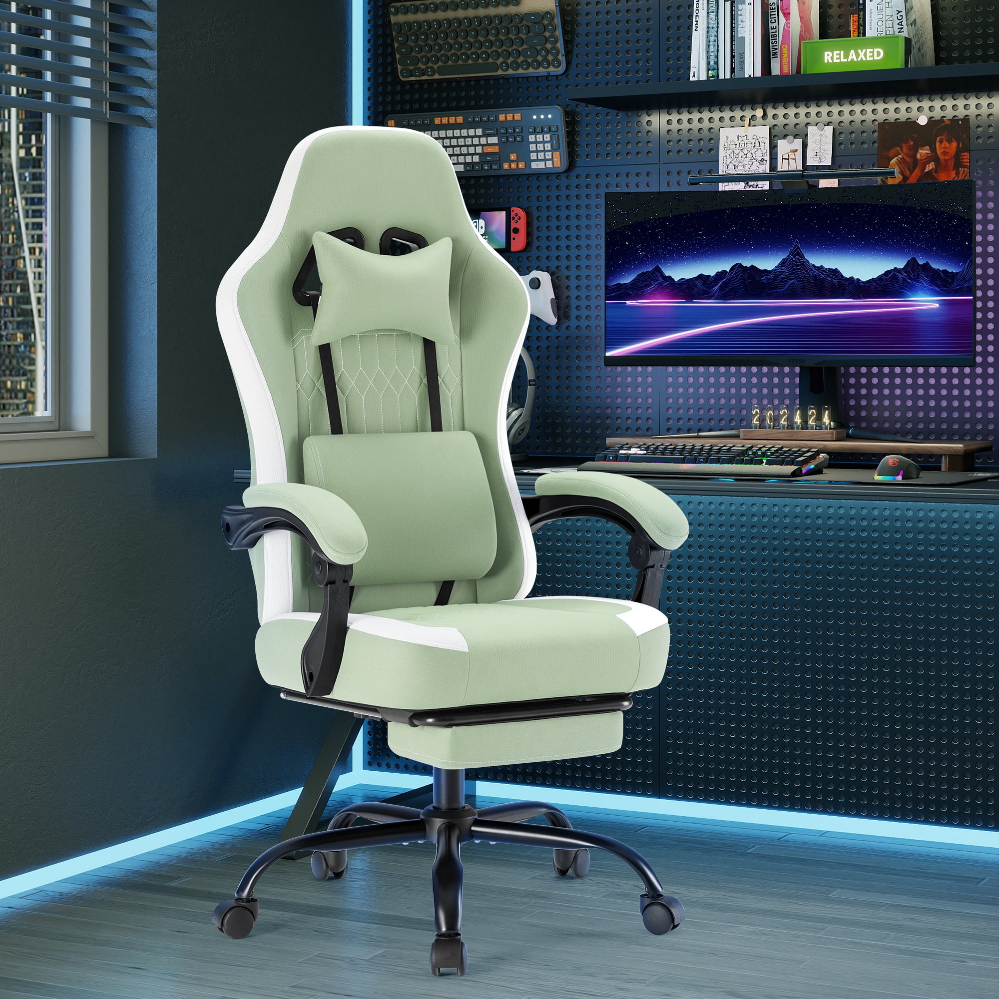 Gianna Gaming Chair with Footrest, Ergonomic High‑Back Computer Chair with Lumbar Support, Adjustable Height & Headrest, Green