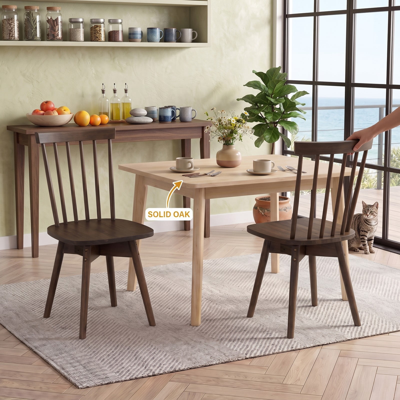Furnibear Windsor Dining Chairs Set of 2 Mid Century Modern Rubber Wood Kitchen Chairs with 360 Degree Swivel Seat and Spindle Back, Armless Solid Wood Side, Walnut