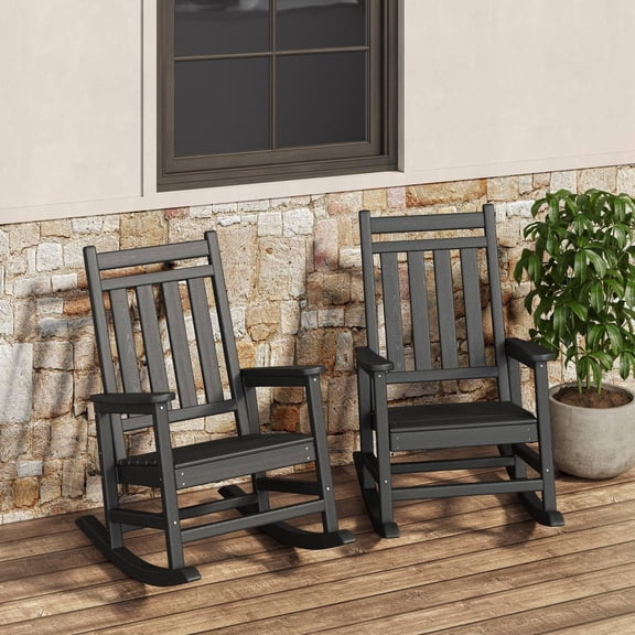 HDPE Adirondack Rocking Chair Set - 2 All‑Weather Outdoor Rocking Chairs, 350lb Capacity, Low Maintenance, Easy Assembly for Patio, Deck, Garden & Firepit, black