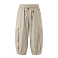 thumbnail image 6 of Womens Cargo Capri Pants, Elastic Waist Drawstring Cropped Pants with Multi Pockets, Outdoor, Walking Casual Workout Wear | VerBelle,Khaki L, 6 of 7