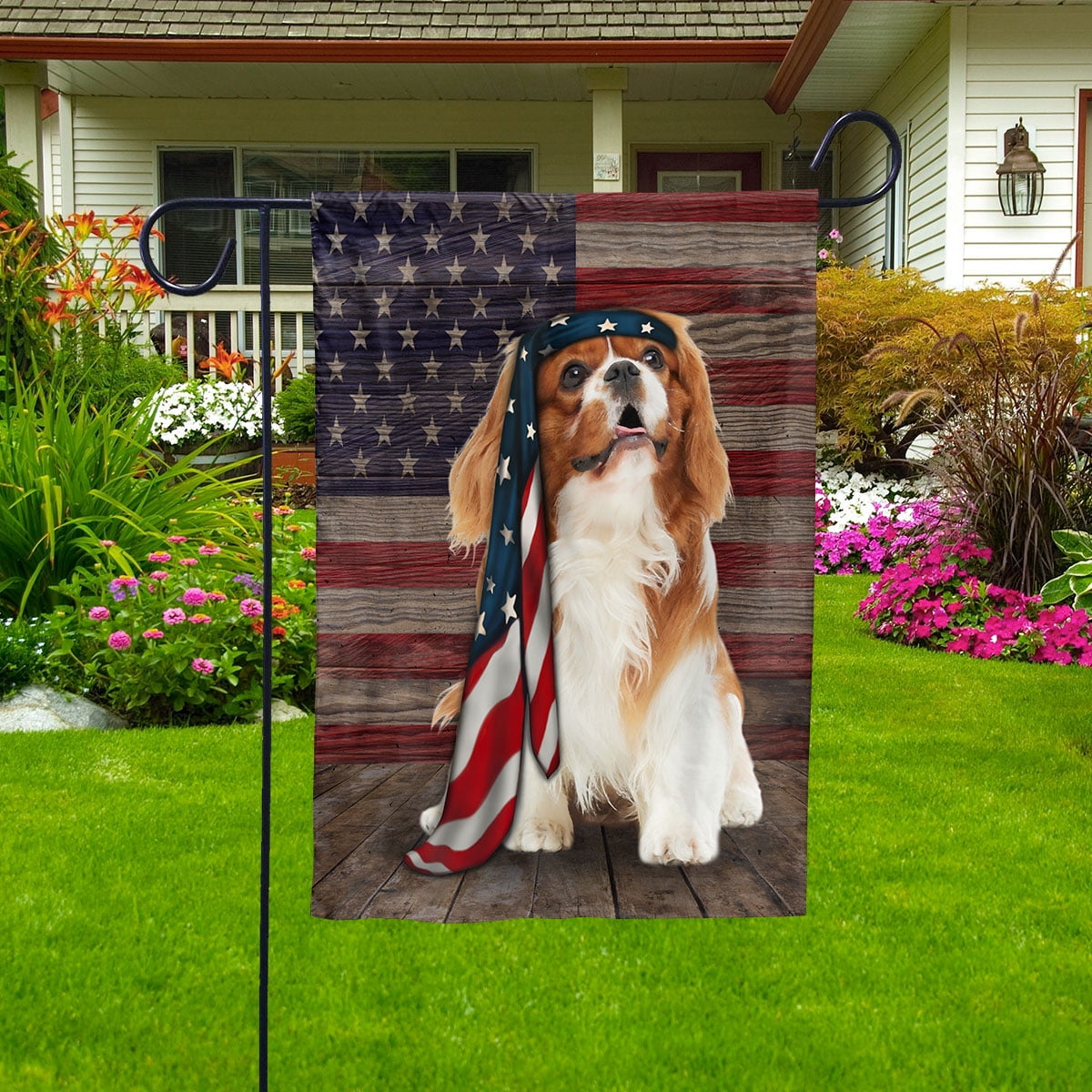 American Flag Cavalier King Charles Spaniel Dog Proud Patriotic 4th of july House Flag (29.5x39.5) Decorative Outdoor Flag