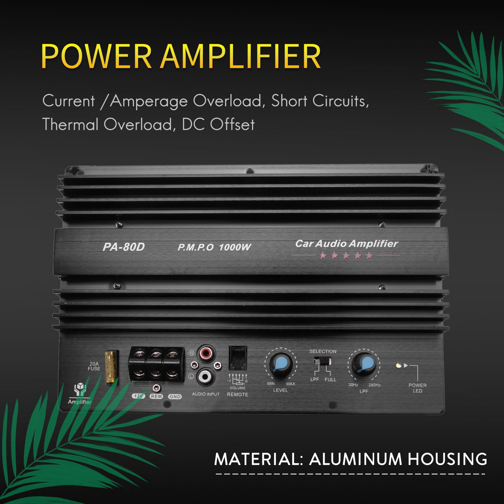 12V 1000W Mono Car Audio Power Amplifier Powerful Bass Subwoofers Amp PA80D