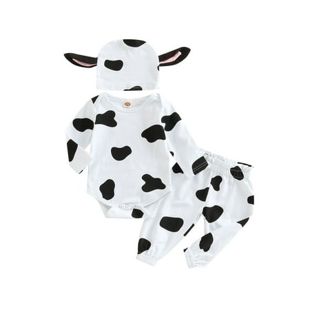 

Cathery 3Pcs Cow Print Baby Girl Boy Clothes Long Sleeve Romper Pants Set Hat with Ears Coming Home Outfit 0-24M