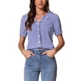 thumbnail image 1 of CAMISAS DE MUJER INSPIRE CHIC con cuello Peter Pan, mangas cortas abullonadas, volantes y estampado a cuadros, talla XS, azul oscuro, 1 of 5