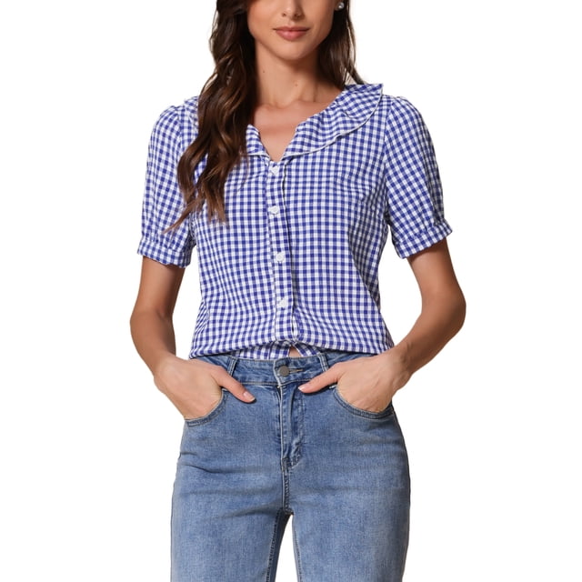 CAMISAS DE MUJER INSPIRE CHIC con cuello Peter Pan, mangas cortas abullonadas, volantes y estampado a cuadros, talla XS, azul oscuro