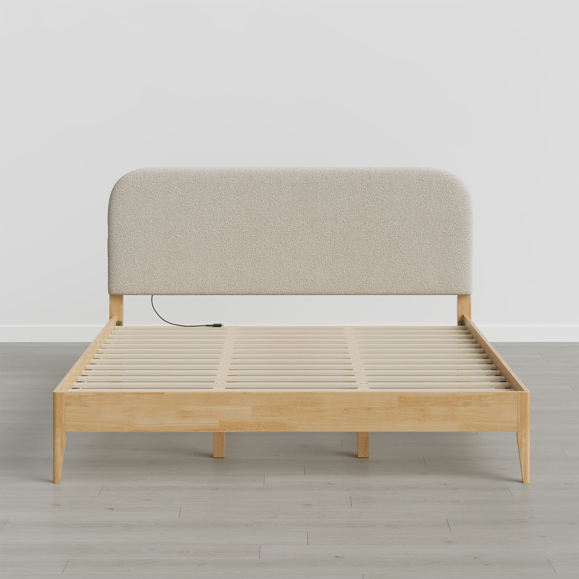 Spruce & Spring Modern King Bed Frame with Bouclé Headboard and Charging Ports, Oatmeal
