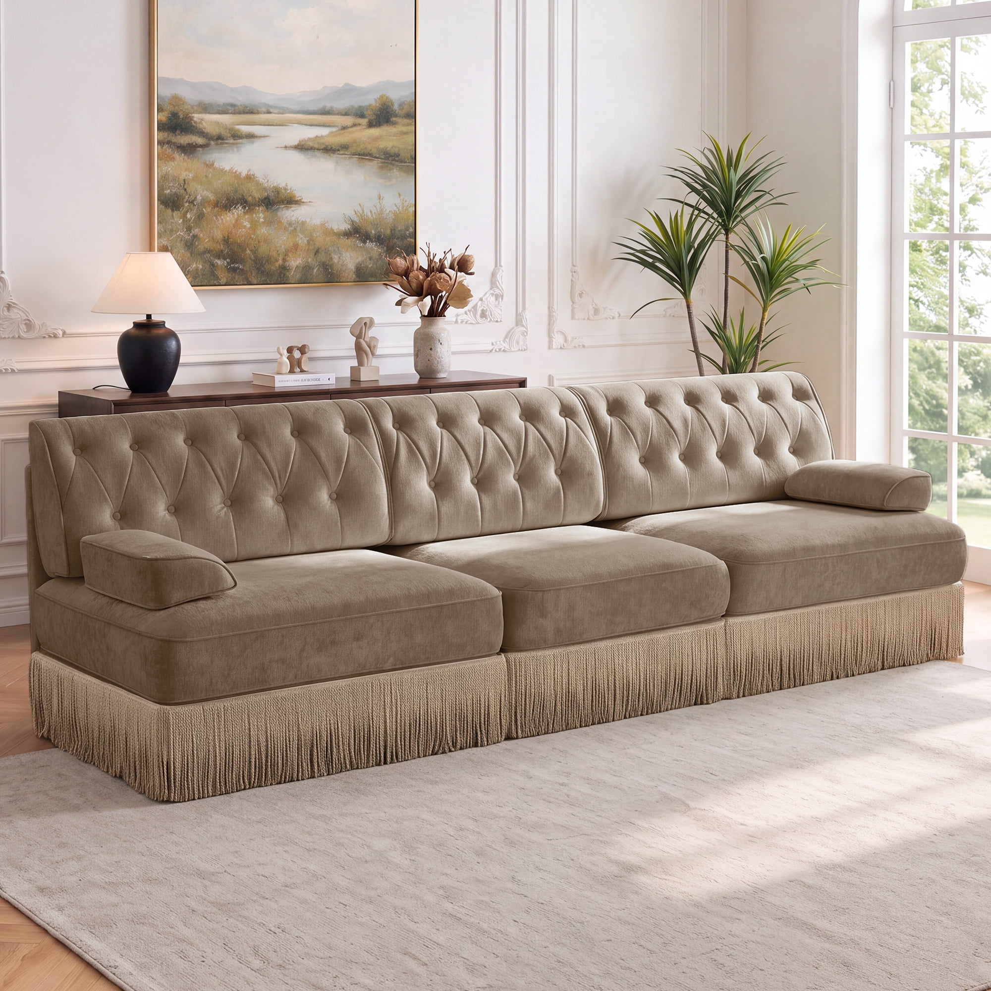 106" Velvet Fabric 3-Seater Sofa with Tassel Fringe Skirt and Button Tufted Design, Easy to Assemble