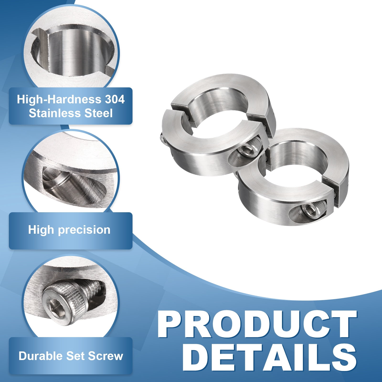 Uxcell 2Pcs Double Split Shaft Collars, 28mm Bore 304 Stainless Steel One-Piece Clamping Collar 48mm OD 15mm Thick Locking Clamp with Set Screw for Industry Machine Tools, Silver