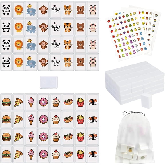 Vita Mahjong Game Set with Stickers, 65 Tiles DIY Plastic Mahjong Block Set, 2 Player Seaside Escape Push Tiles Game (White)