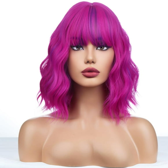WTHCOS Colorful Wig Short Bob Wig Short Rose Mixed Purple Wigs for Women Curly Wavy Wig with Bangs Heat Resistant Synthetic Hair Wigs for Daily Use Cosplay Wig With Wig Cap