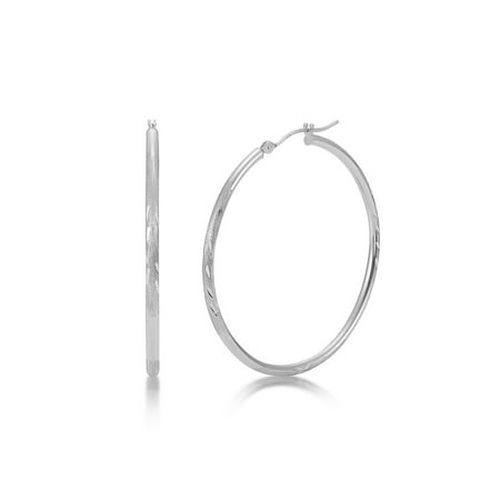 Satin Diamond Cut 14k White Gold 2mm X 40mm Click Top Hoop Earrings Satin Diamond Cut 14k White Gold 2mm X 40mm Click Top Hoop Earrings