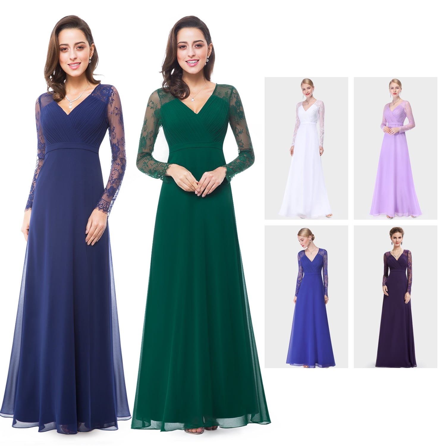Ever-Pretty Floral Lace Long Sleeve Evening Dresses Chiffon Bridesmaid Ball Gown
