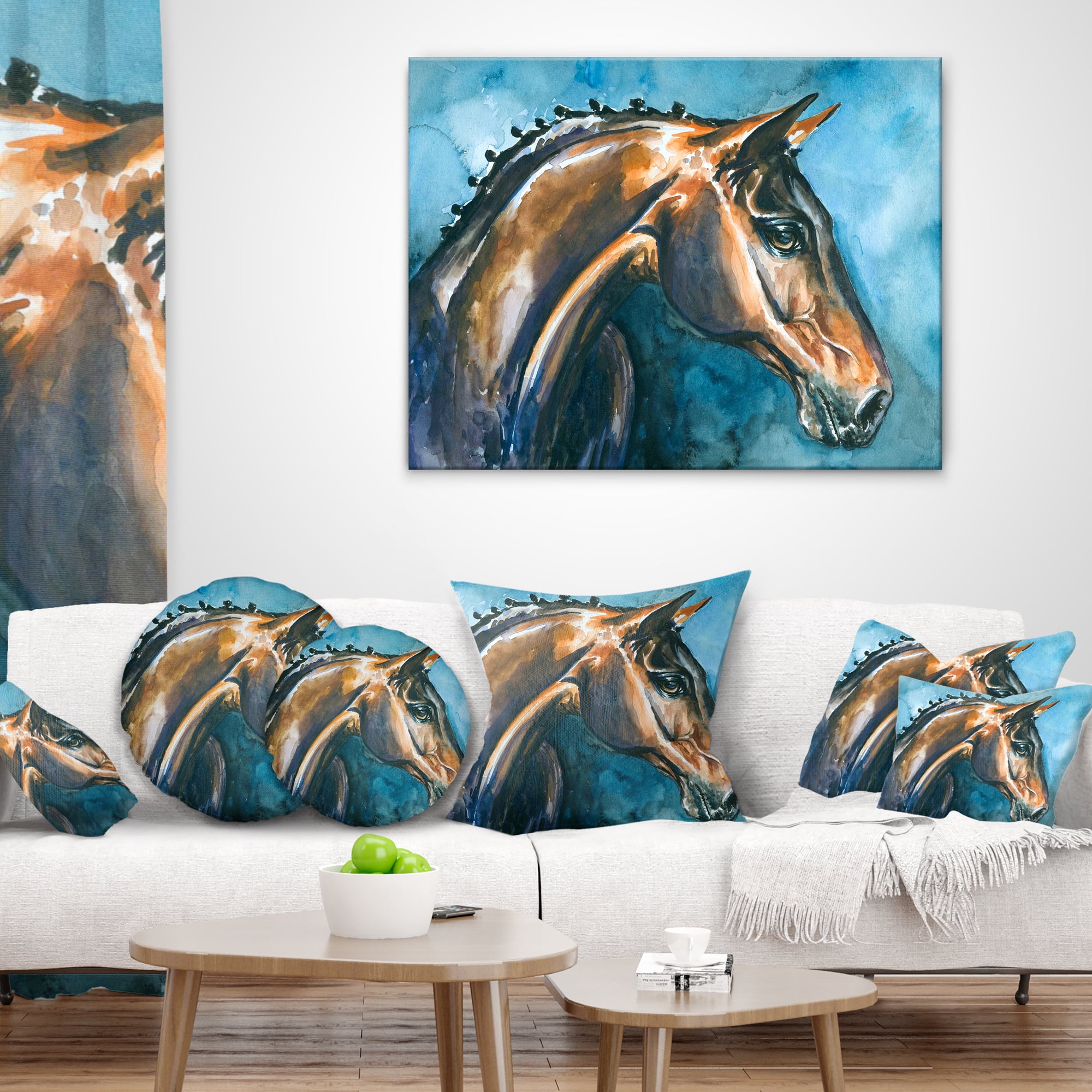 Designart Brown Horse on Blue Watercolor - Abstract Throw Pillow - 12x20
