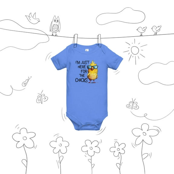 I'M JUST HERE FOR THE CHICKS EASTER ONESIE SHIRT FOR INFANTS AND TODDLERS (Heather Columbia Blue, 3-6m)